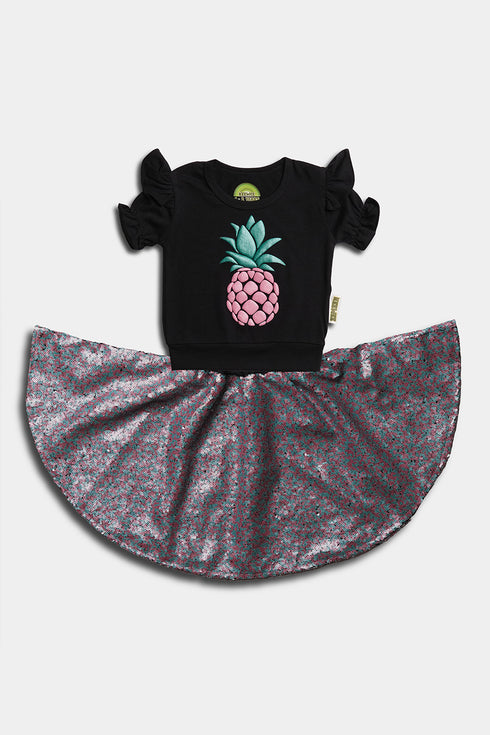 Printed Pineapple Sequins Skirt Set - Black