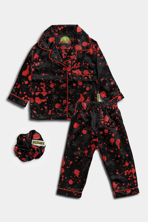 Printed Splash Silk Nightsuit - Black