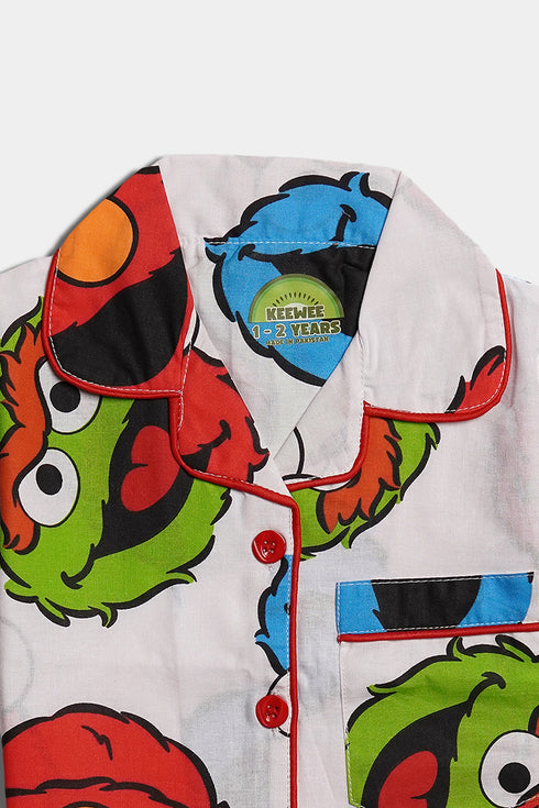 Printed Monster Nightsuit - White ( Without Scrunchie )