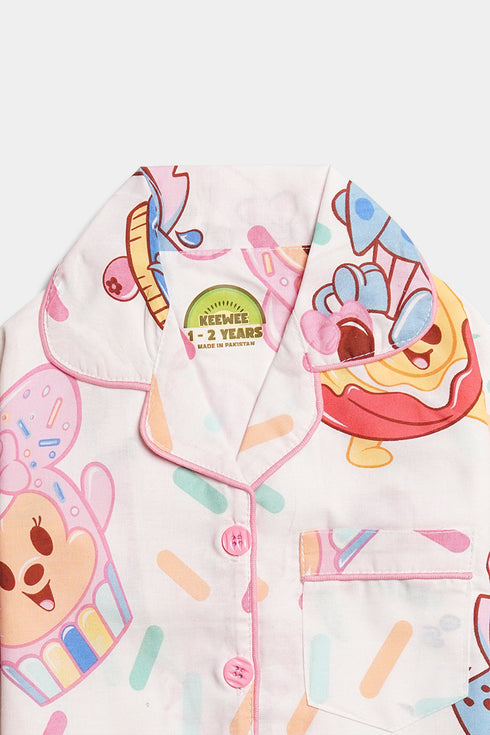 Printed Cupcake Nightsuit - White