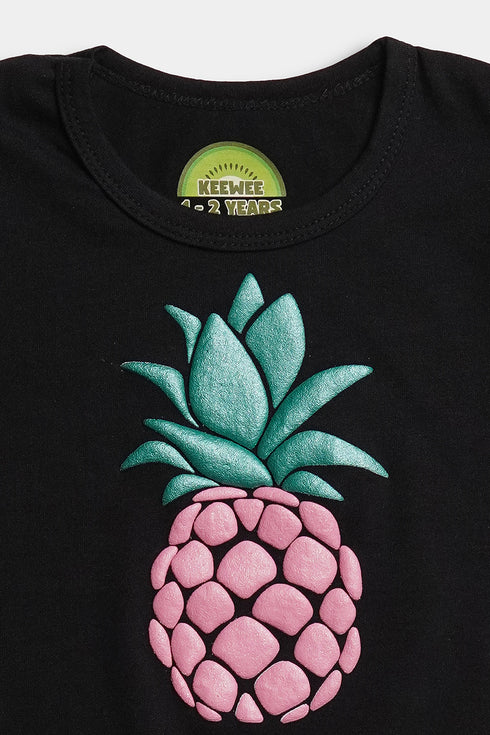 Printed Pineapple Sequins Skirt Set - Black