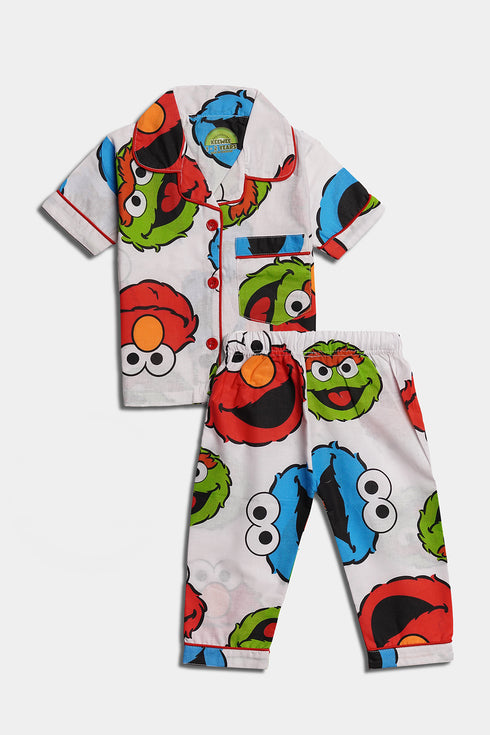 Printed Monster Nightsuit - White ( Without Scrunchie )