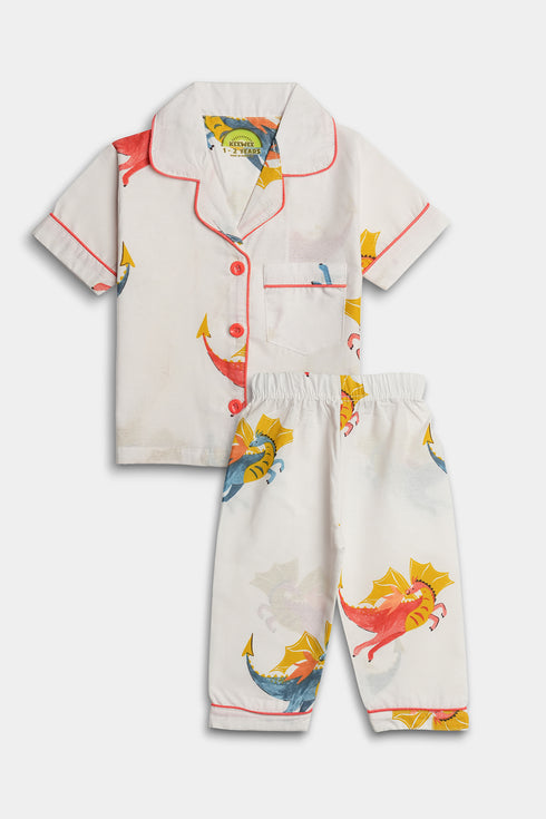 Printed Dragon Nightsuit - White