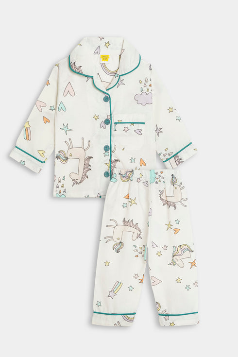 Printed Unicorn Nightsuit - White