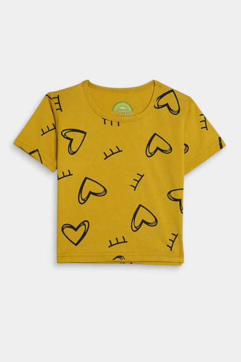Printed Hearts Nightsuit - Yellow