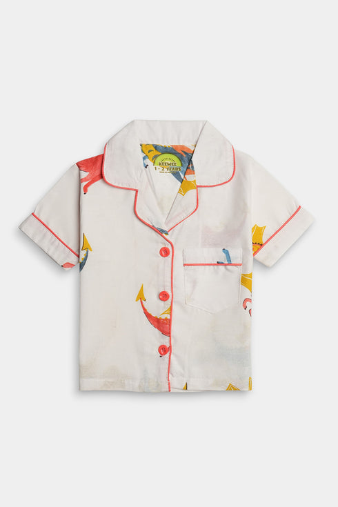 Printed Dragon Nightsuit - White