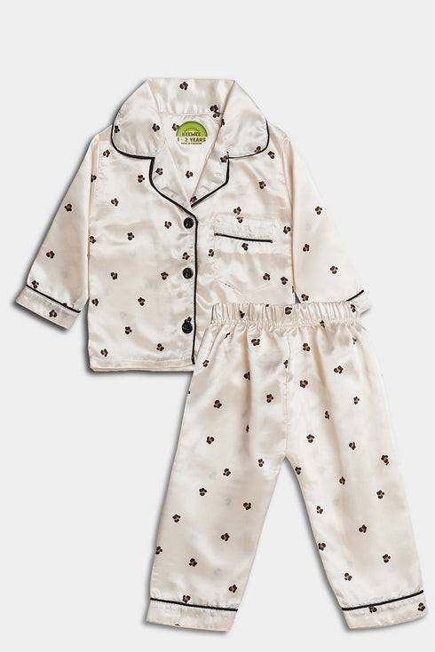 Printed Splash Silk Nightsuit - White