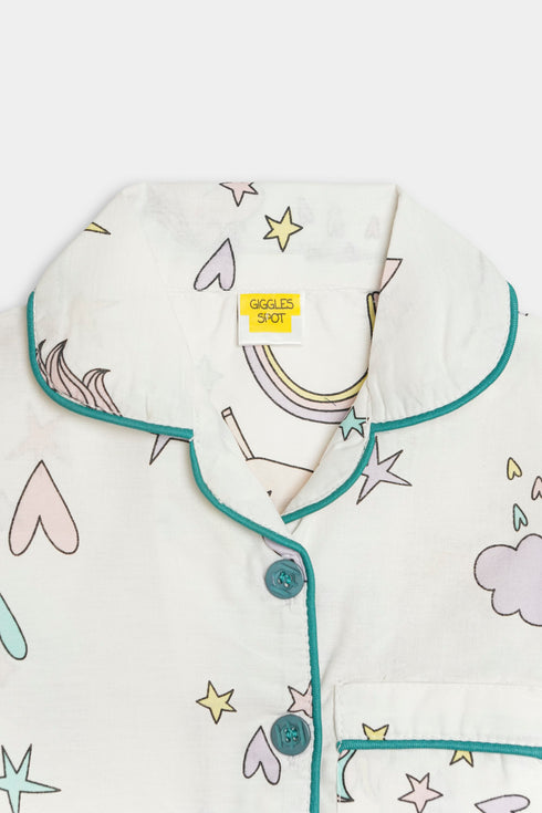 Printed Unicorn Nightsuit - White