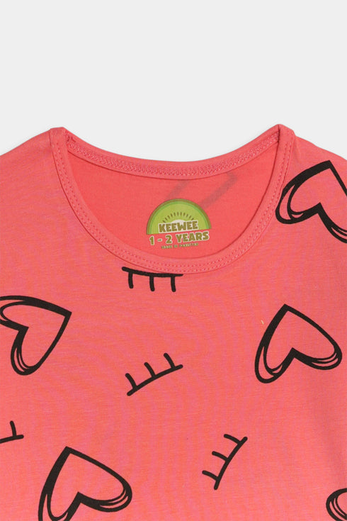 Printed Hearts Nightsuit - Pink