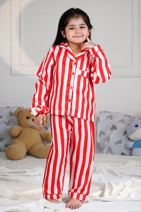 Printed Stripes Nightsuit - Red