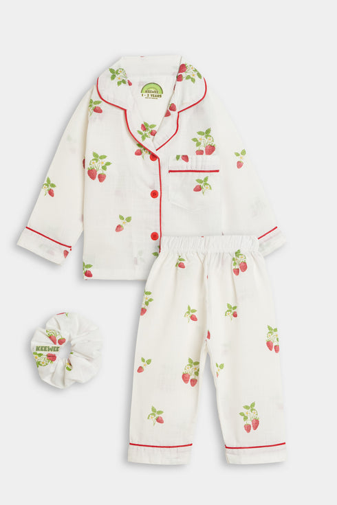 Printed Strawberry Nightsuit - White