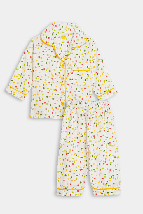 Printed Dots Nightsuit - White