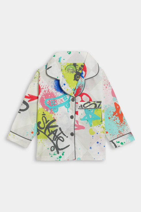 Printed Graffiti Nightsuit - White