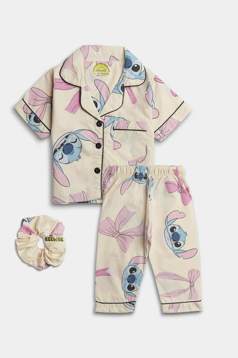 Printed Stitch Bow Nightsuit - Pink