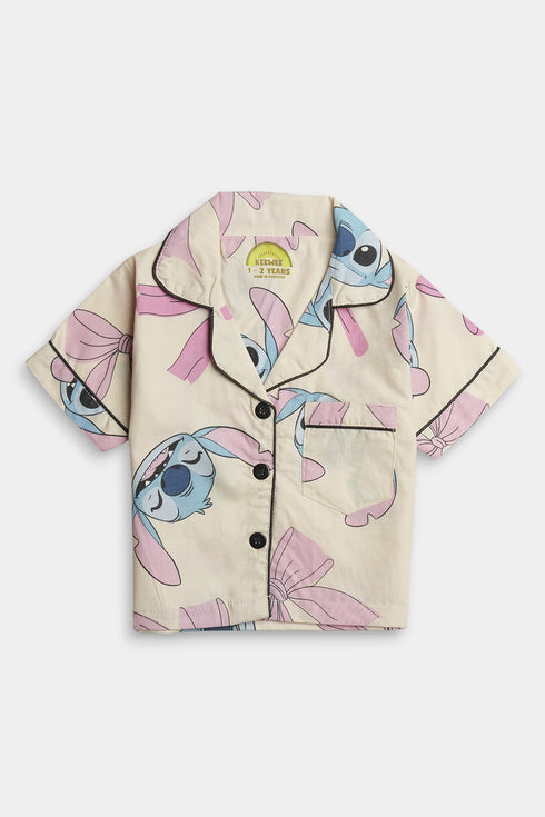 Printed Stitch Bow Nightsuit - Pink
