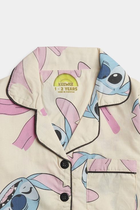 Printed Stitch Bow Nightsuit - Pink