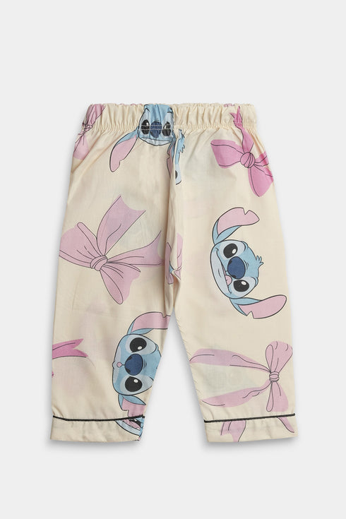 Printed Stitch Bow Nightsuit - Pink