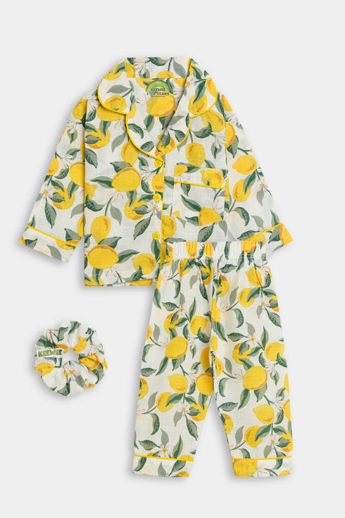 Printed Lemon Nightsuit - White
