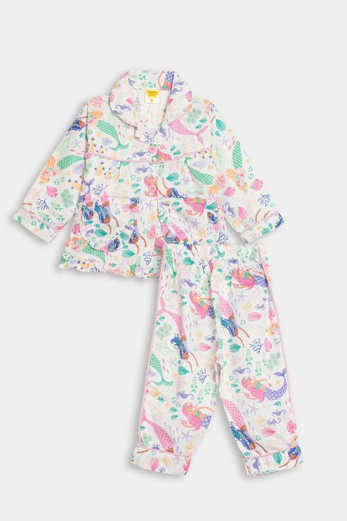 Printed Mermaid Nightsuit - White