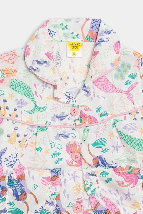 Printed Mermaid Nightsuit - White