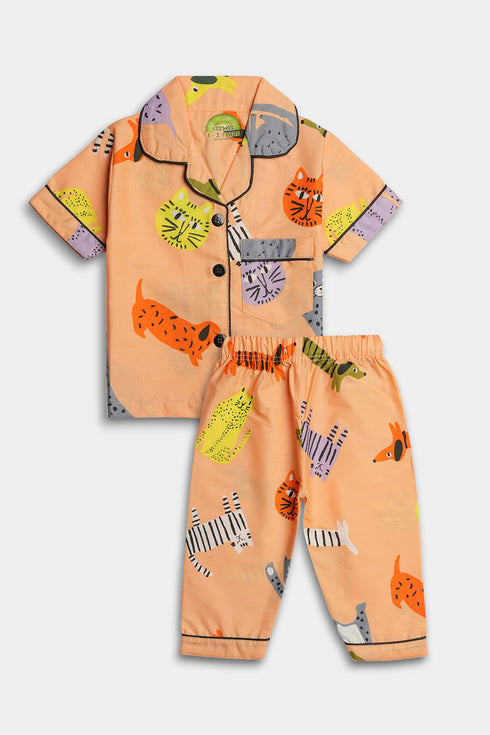 Printed Cats Nightsuit - Orange