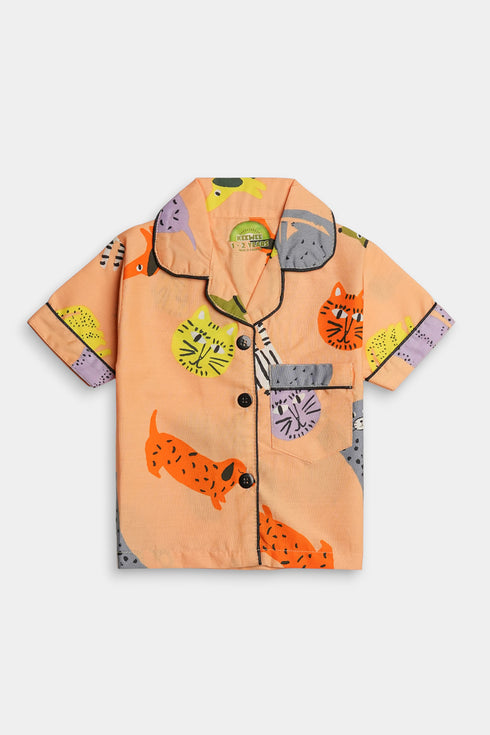 Printed Cats Nightsuit - Orange