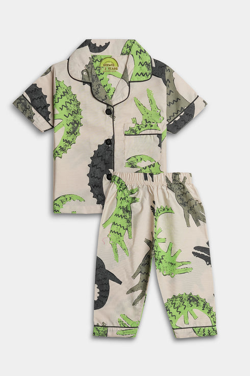 Printed Dinosaurs Nightsuit - White