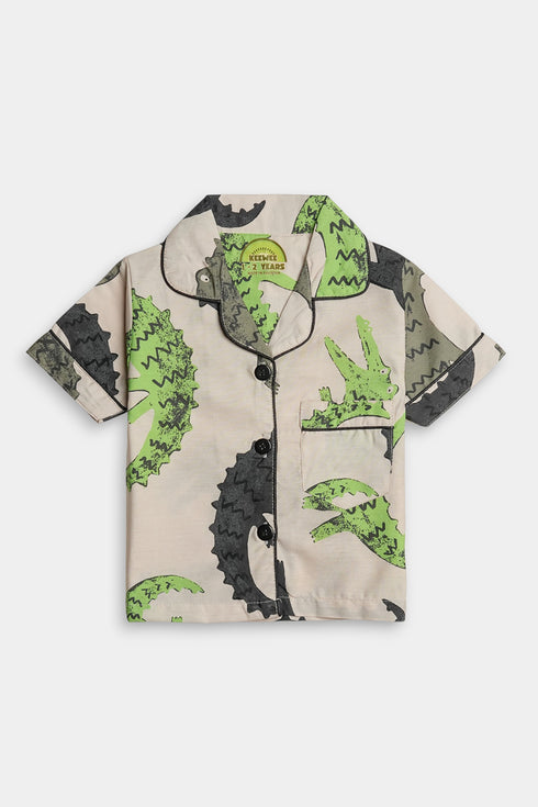 Printed Dinosaurs Nightsuit - White