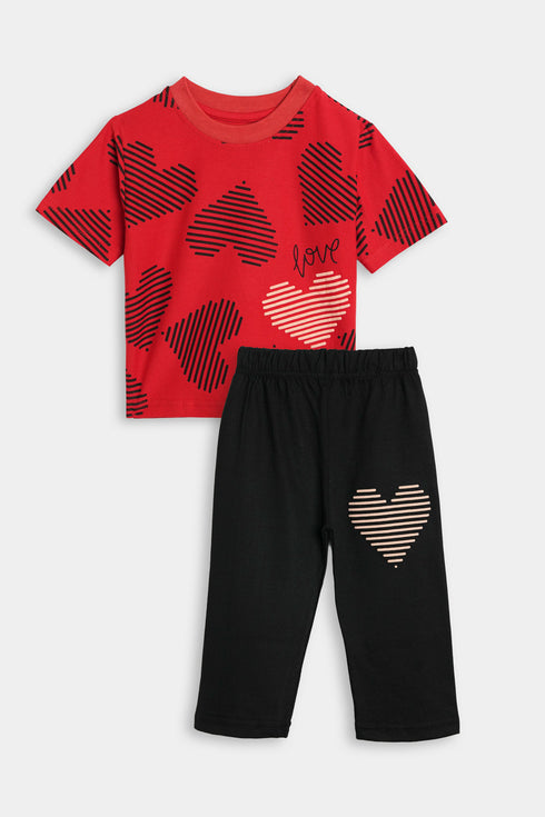 Printed Hearts Nightsuit - Red