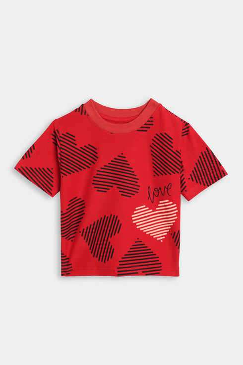Printed Hearts Nightsuit - Red