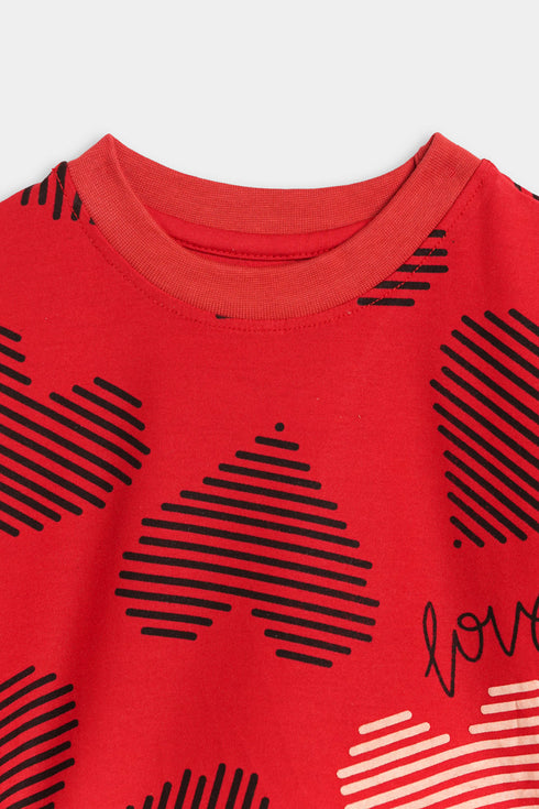Printed Hearts Nightsuit - Red