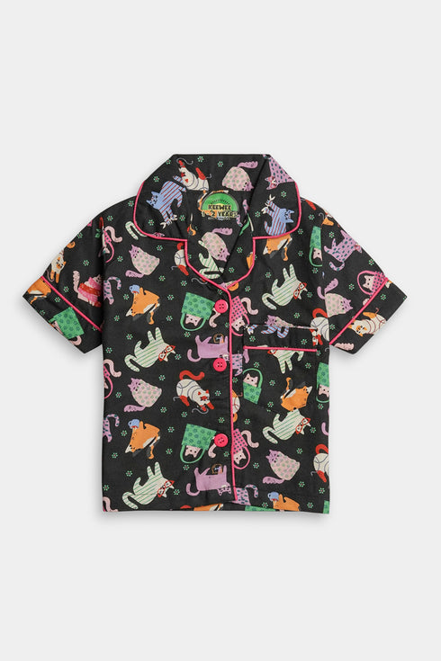 Printed Cat Nightsuit - Black