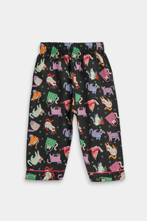 Printed Cat Nightsuit - Black
