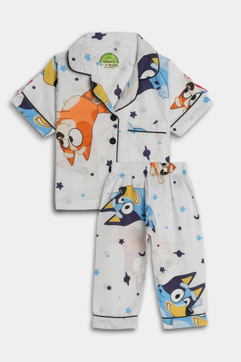 Printed Bluey Stars Nightsuit - White