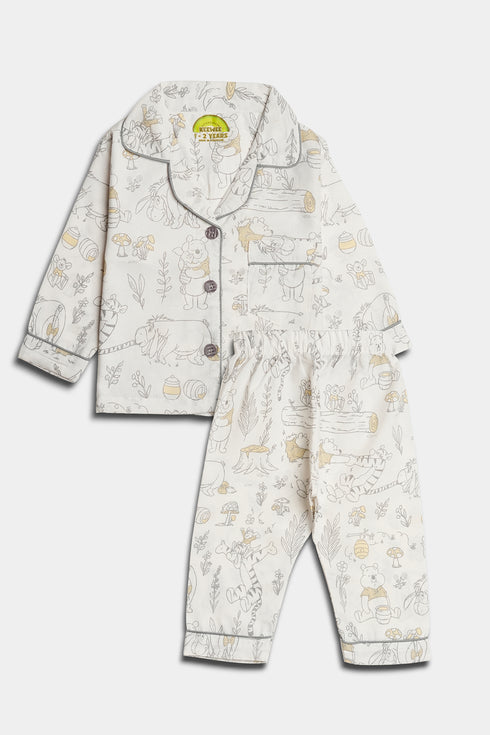 Printed Pooh Nightsuit - White