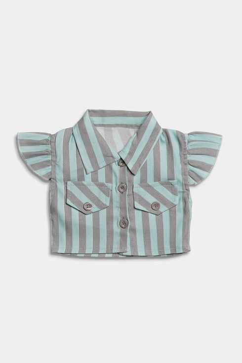 Printed Striped Bow Frock Set - Sea Green