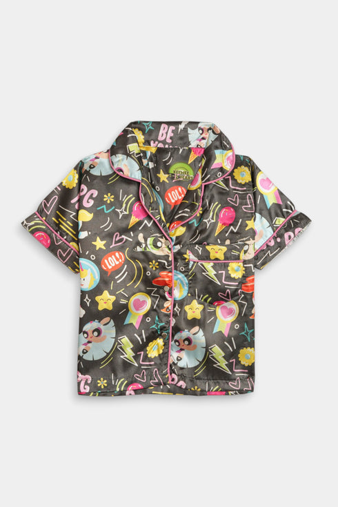 Printed Powerpuff Nightsuit - Black