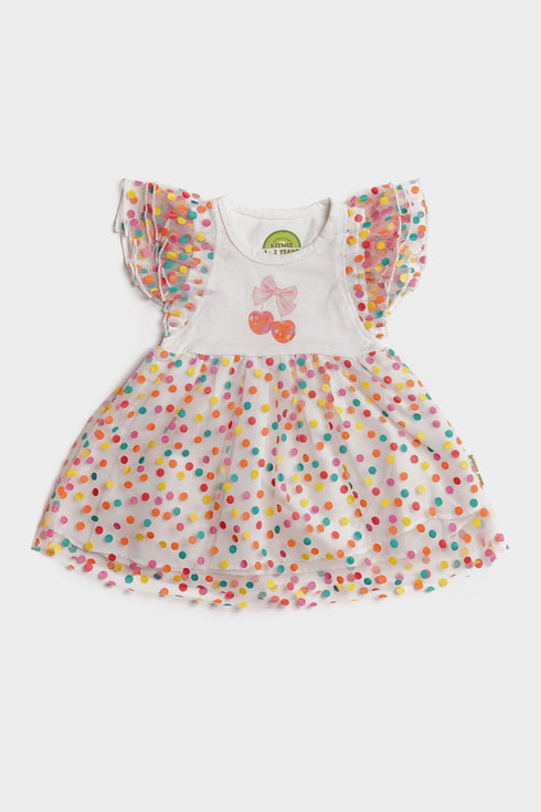 Printed Rainbow Cherry Frock - White