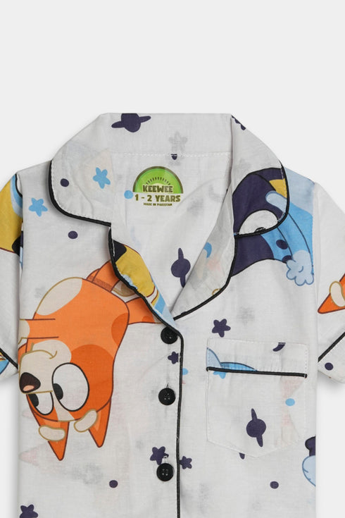 Printed Bluey Stars Nightsuit - White