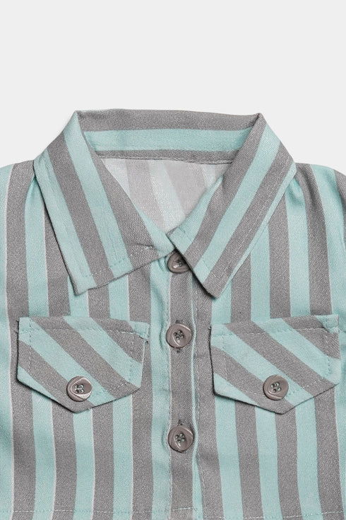 Printed Striped Bow Frock Set - Sea Green