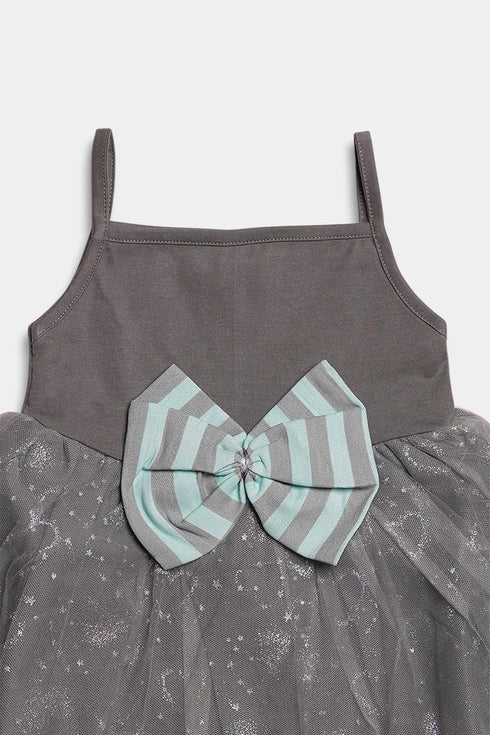 Printed Striped Bow Frock Set - Sea Green