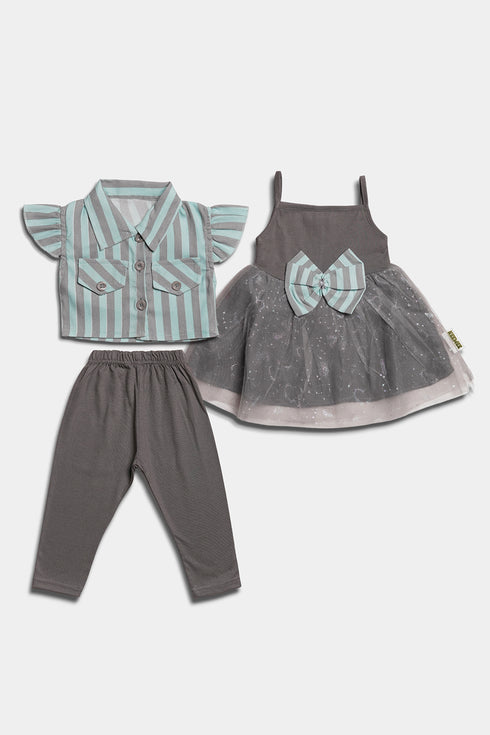 Printed Striped Bow Frock Set - Sea Green