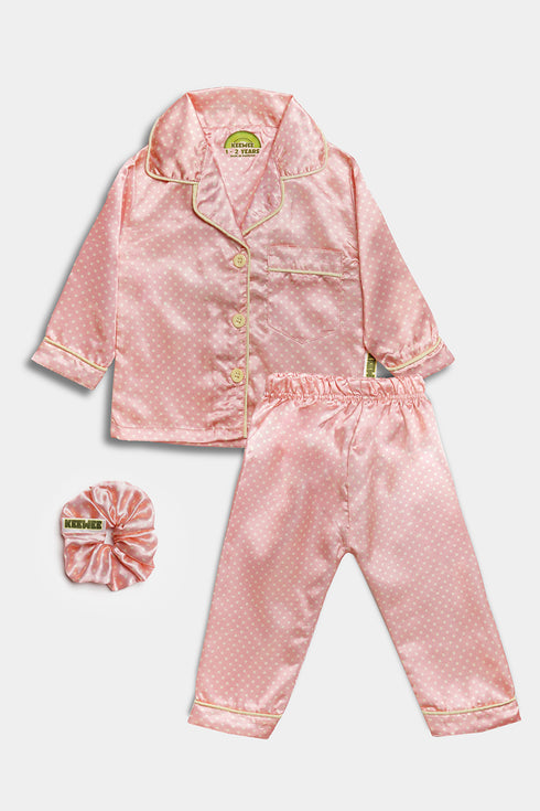 Printed Polka Silk Nightsuit - Pink
