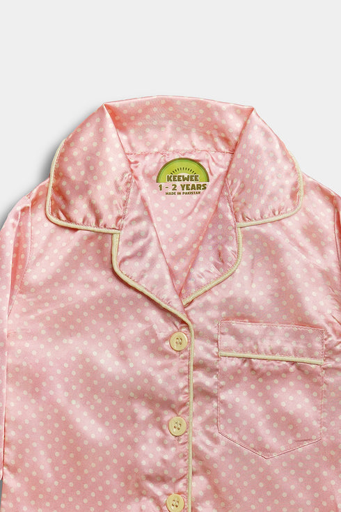 Printed Polka Silk Nightsuit - Pink