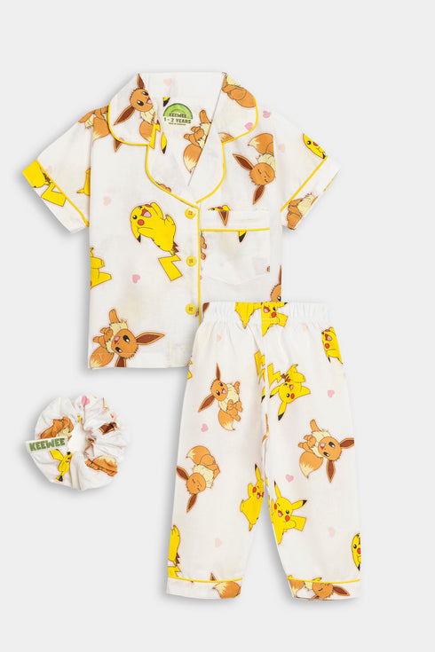 Printed Pikachu Nightsuit - White