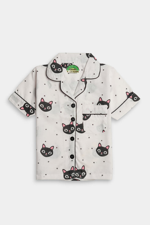 Printed Cat Nightsuit - White