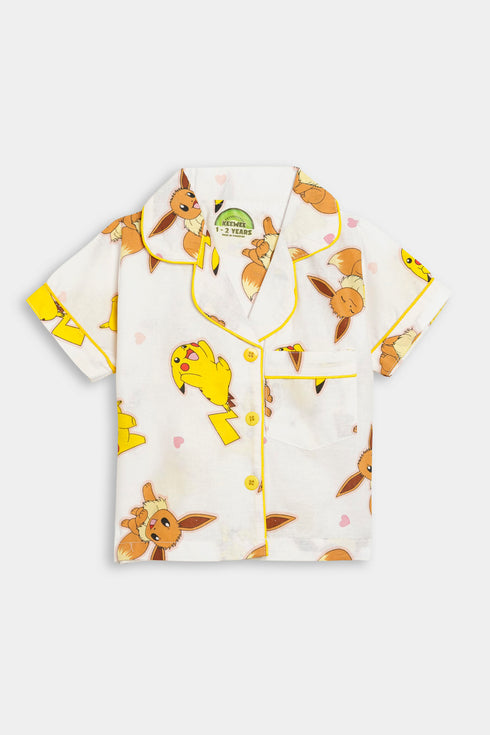 Printed Pikachu Nightsuit - White