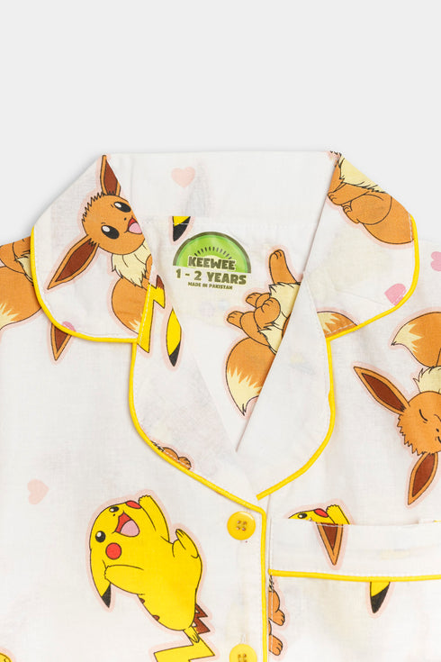 Printed Pikachu Nightsuit - White