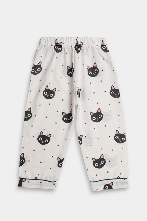 Printed Cat Nightsuit - White