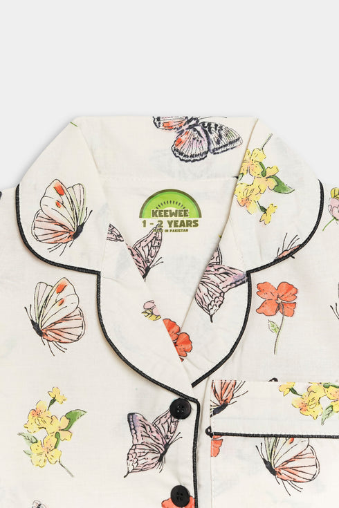 Printed Butterfly Nightsuit - White